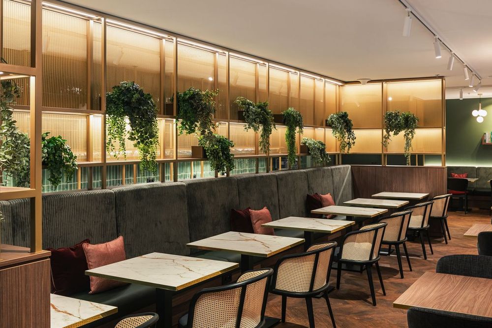 На фотографии изображена современная зона для посадки в ресторане с столами, стульями и мягкой скамьей вдоль стены, украшенная растениями и атмосферным освещением.