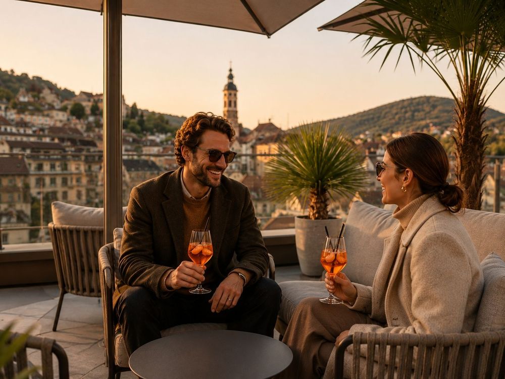 Ein Mann und eine Frau sitzen draußen an einem Tisch, genießen Getränke und unterhalten sich in…