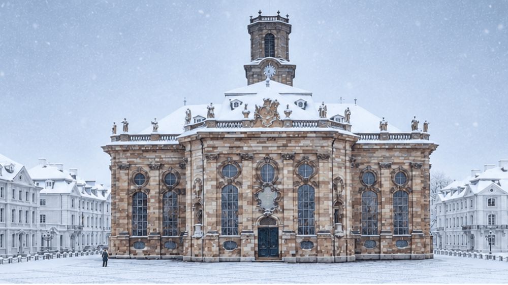 Das Foto zeigt ein historisches Gebäude, das mit Schnee bedeckt ist, mit einer Person davor.