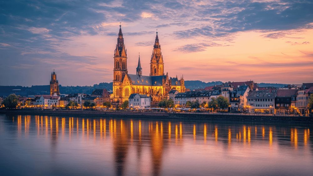 Eine Stadtlandschaft bei Sonnenuntergang mit einer großen Kathedrale am Fluss und Spiegelungen im…