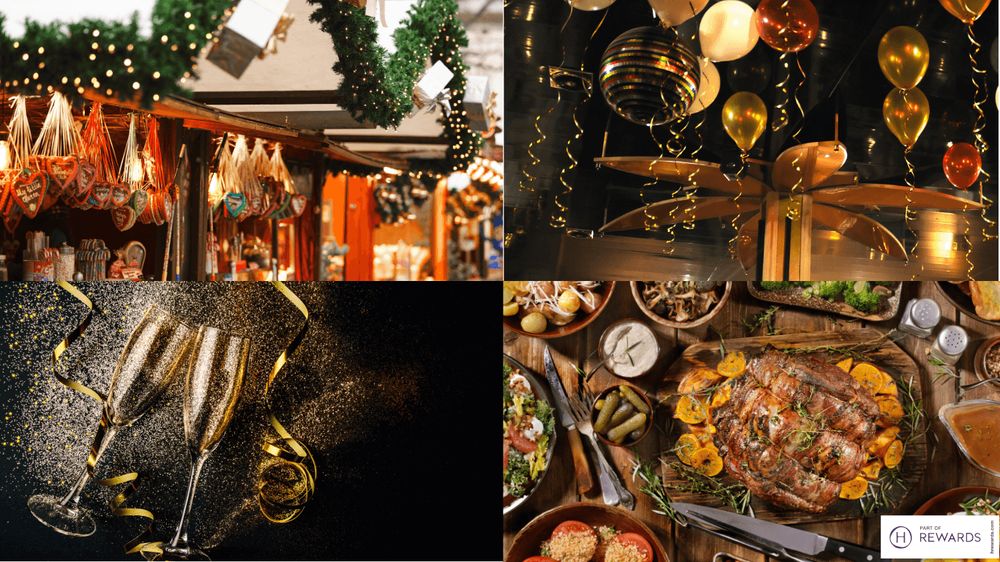 A collage of four images depicting festive and celebratory themes, including Christmas decorations, balloons, champagne glasses with confetti, and a holiday meal with roasted meat and side dishes.