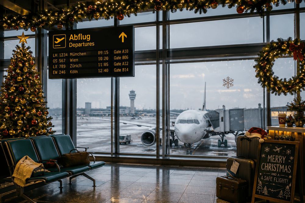 Ein am Flughafen terminal, der für Weihnachten dekoriert ist, mit einem Flugzeug, das draußen am…