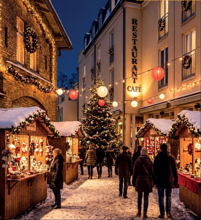 A festive outdoor Christmas market at night with decorated wooden stalls, a large Christmas tree,…