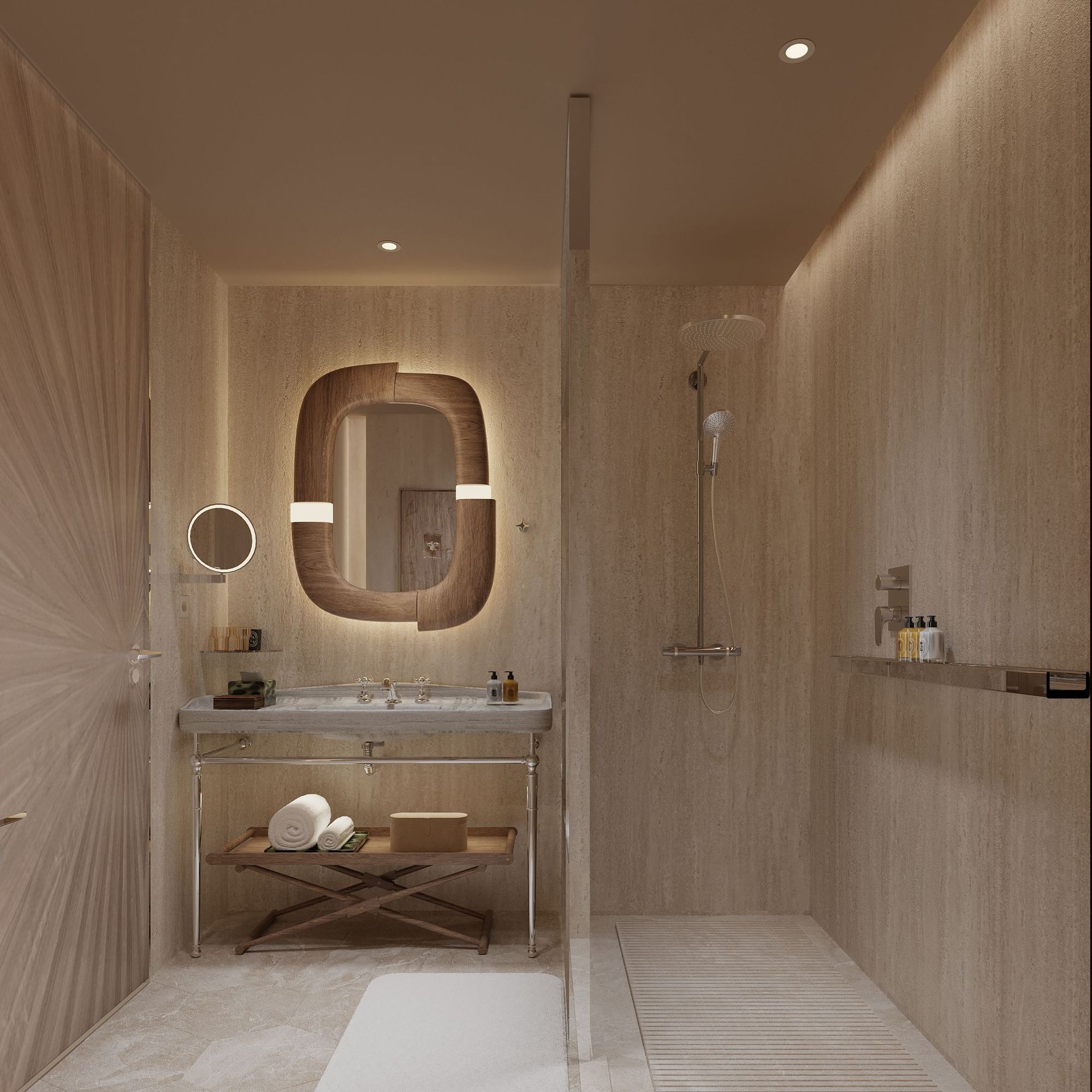 A képen egy modern fürdőszoba látható mosdórésszel, nagy tükörrel és walk-in zuhanyzóval.