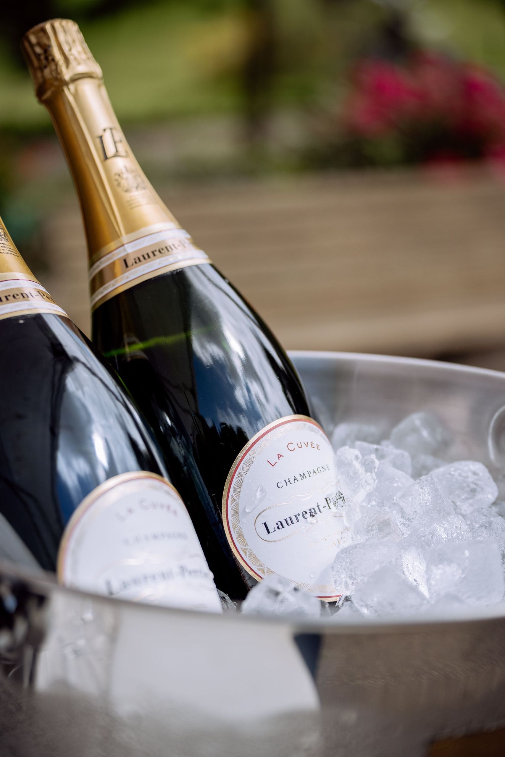 Zwei Flaschen Champagner kühlen in einem Eimer mit Eis.