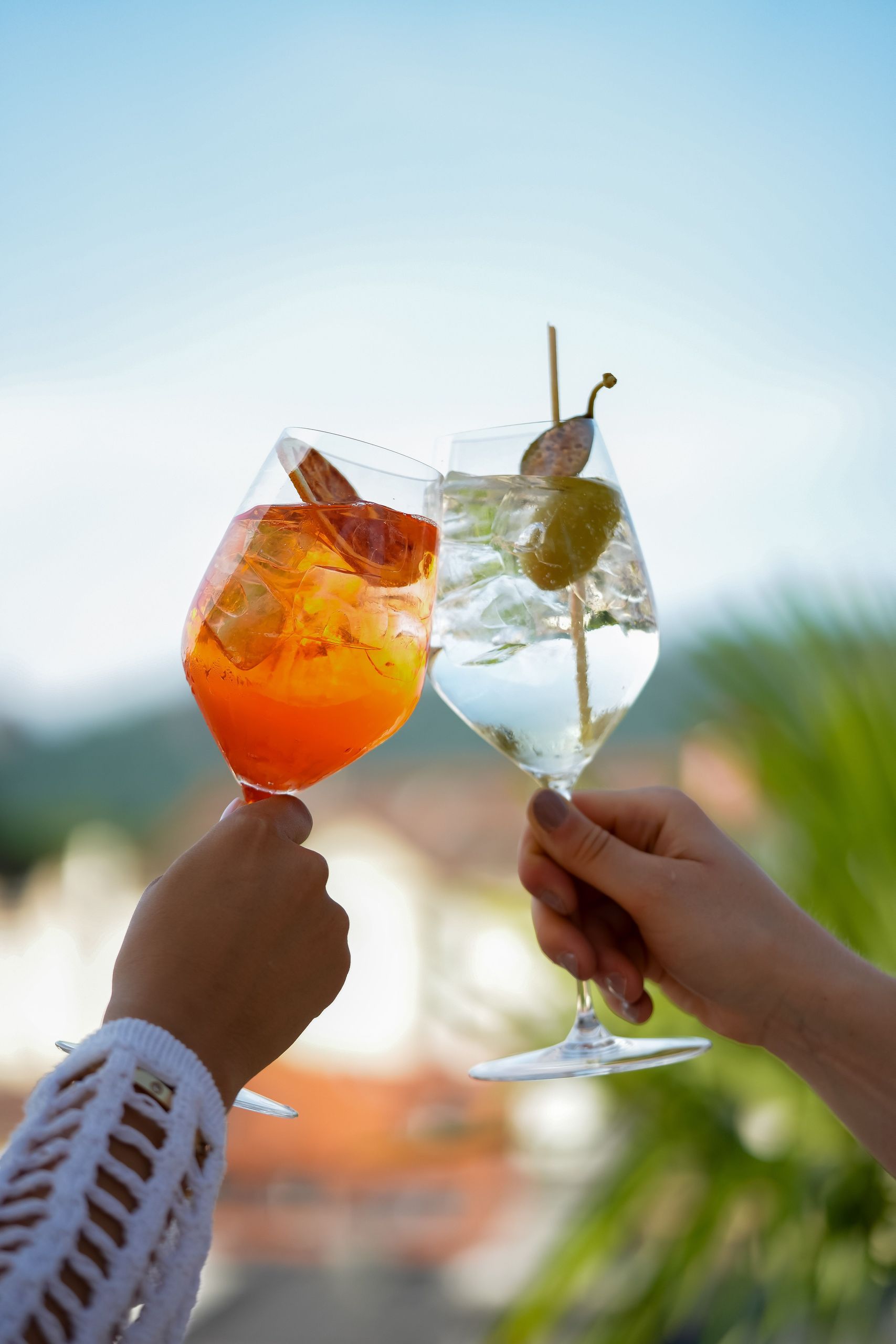 Two people are toasting with glasses containing different beverages.