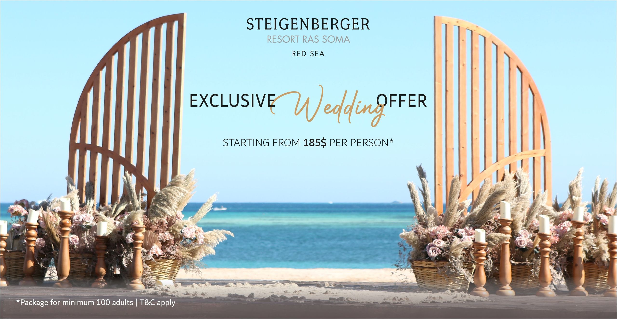 The photo shows a beach wedding setup with decorative arches and floral arrangements, promoting a…