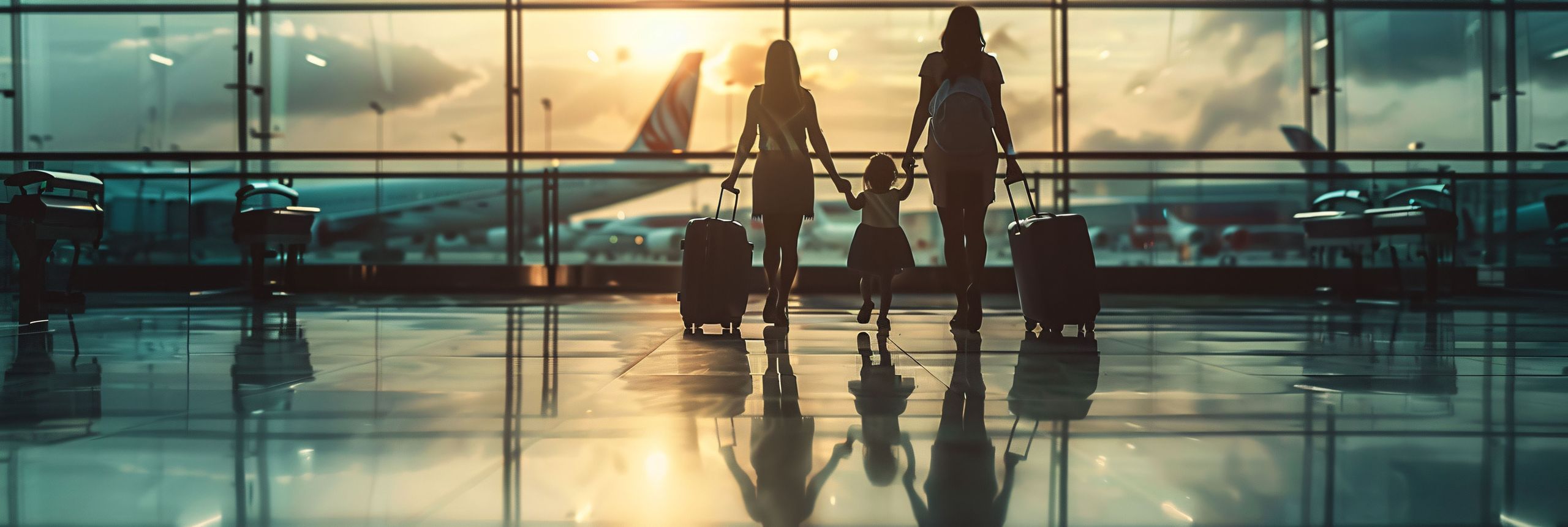 A family of three walking in an airport terminal with suitcases during sunset.